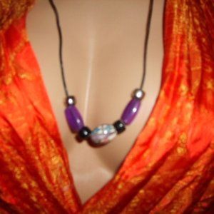 Necklace Pretty Painted Bead/Purple Beads Handmade